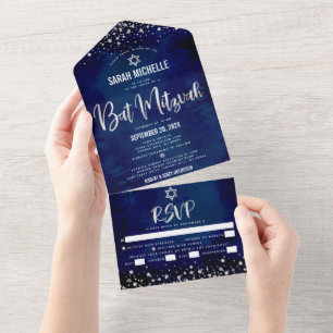 Bat Mizwa Marine Silber Glitter Schrift Party Fett All In One Einladung