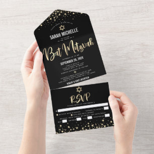 Bat Mizwa Moderne schwarze goldene Glitter-Schrift All In One Einladung
