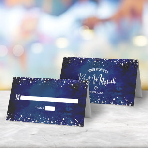 Bat Mizwa Navy Wasserfarbe Silber Glitter Schriftz Platzkarte
