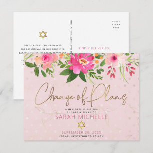Bat Mizwa Rosa Florale Wasserfarbe Moderne Schrift Einladungspostkarte
