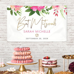 Bat Mizwa Rosa Wasserfarbe Floral Goldschrift Banner