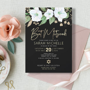 Bat Mizwa Schwarz Gold Floral Wasserfarbe Schriftz Einladung