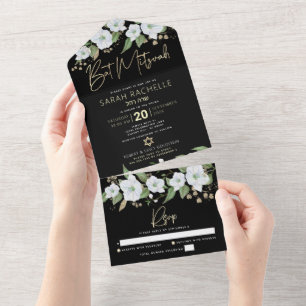 Bat Mizwa Schwarz Gold Schrift Wasserfarbe Floral All In One Einladung