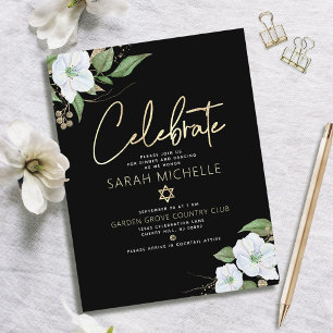 Bat Mizwa Schwarz Gold Schrift Wasserfarbe Floral Begleitkarte