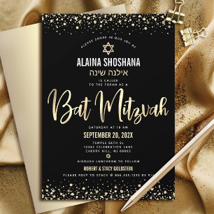 Bat Mizwa Schwarz Goldfolie Glitter Schrift Modern Einladung