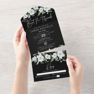 Bat Mizwa Schwarz Silber Schrift Floral Wasserfarb All In One Einladung