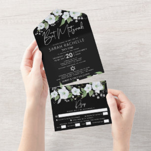 Bat Mizwa Schwarz Silber Schrift Wasserfarbe Blume All In One Einladung