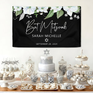 Bat Mizwa Schwarz Silber Schrift Wasserfarbe Blume Banner