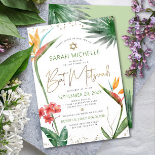 Bat Mizwa Tropische Blumen Aquarell Goldschrift Einladung