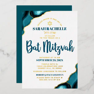 Bat Mizwa Türkis Achat Fette Schrift Echtgold Folieneinladung