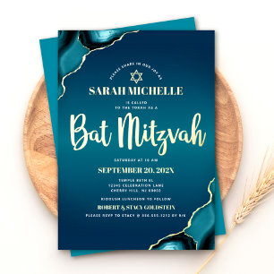 Bat Mizwa Türkis Ombre Achat Schriftzug Echtgold Folieneinladung