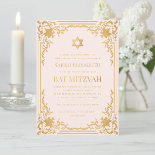 Bat Mizwa Vintage Rosa Falschgold Stern Religiös Einladung