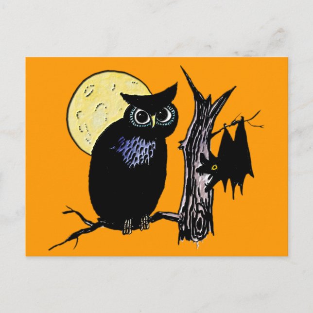 Bat Moon und Owl zu Halloween Postkarte (Vorderseite)