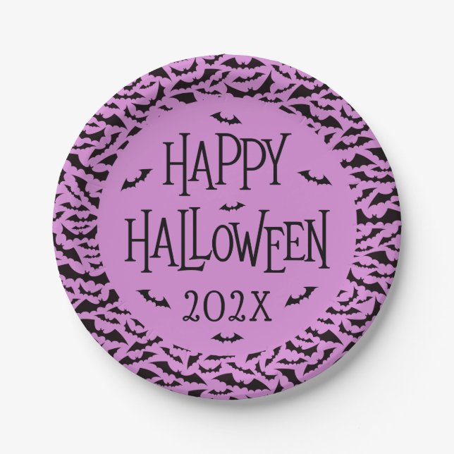 Bat pattern purple black Happy Halloween year Pappteller (Vorderseite)
