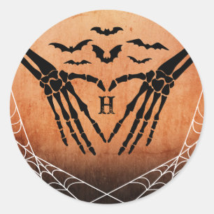 Bat Skeleton Heart Monogram Goth Halloween Hochzei Runder Aufkleber
