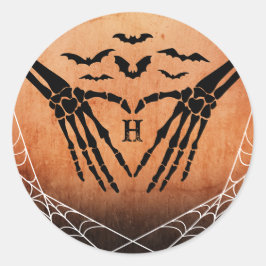 Bat Skeleton Heart Monogram Goth Halloween Wedding Runder Aufkleber