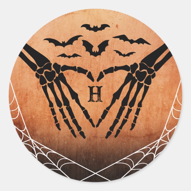 Bat Skeleton Heart Monogram Goth Halloween Wedding Runder Aufkleber (Vorderseite)