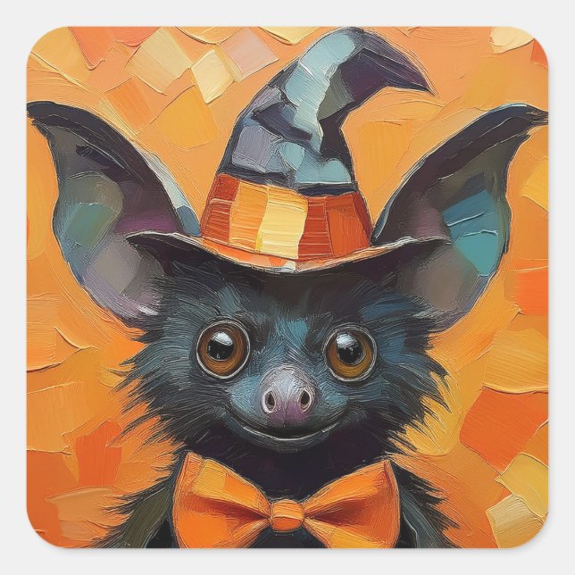 Bat with Patchwork Witch Hat Quadratischer Aufkleber (Vorderseite)