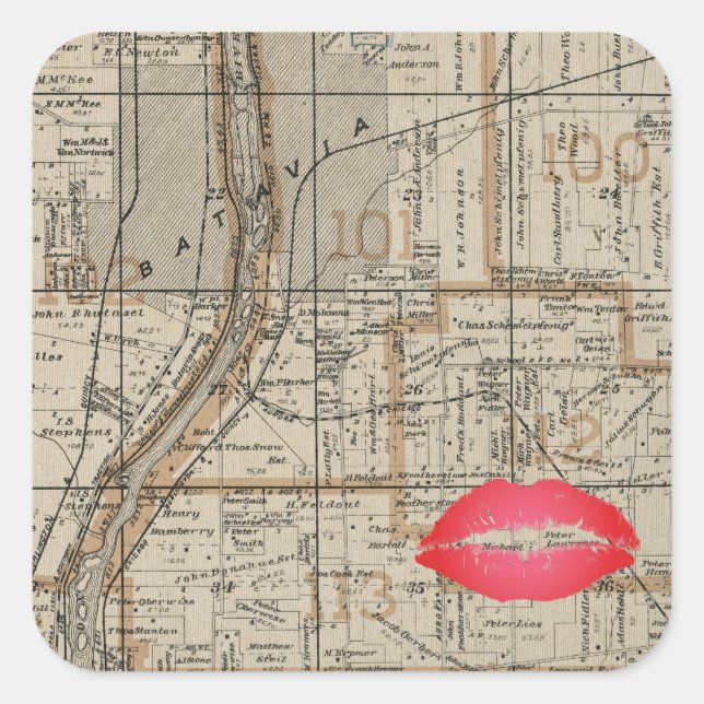 Batavia Illinois Plat Karte 1870 Fox River Valley Quadratischer Aufkleber (Vorderseite)