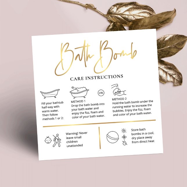Bath Bomb Care Instructions Chic White & Gold Logo Quadratische Visitenkarte (Bath Bombs care instructions cards with care icons, gold effects and step-by-step instructions)