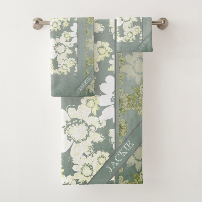 Bath-Handtücher für weiß-graue Floral-Schnürsenkel Badhandtuch Set (Insitu)