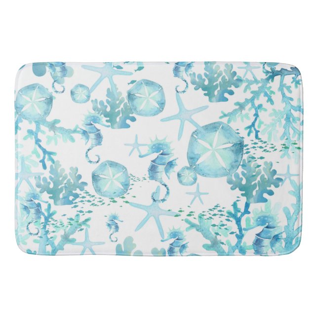 Bath Mat Aquamarin Blue Seepferd Sanddollar Seashe Badematte (Vorderseite)