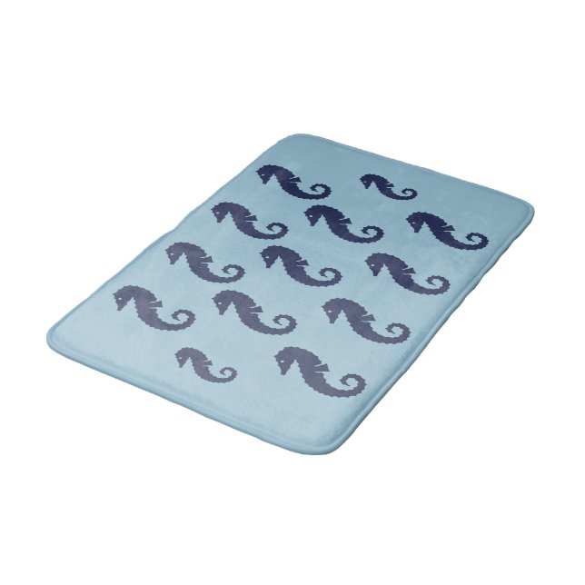 Bath Mat - Sea Horses (Navy Blue) on Blue Badematte (Schrägansicht)