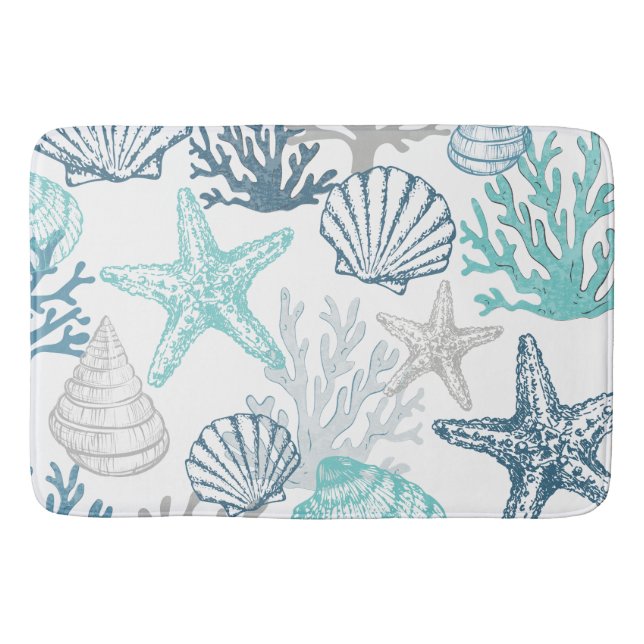Bath Mat Seashell Starfish Muster blau und Aquamar Badematte (Vorderseite)