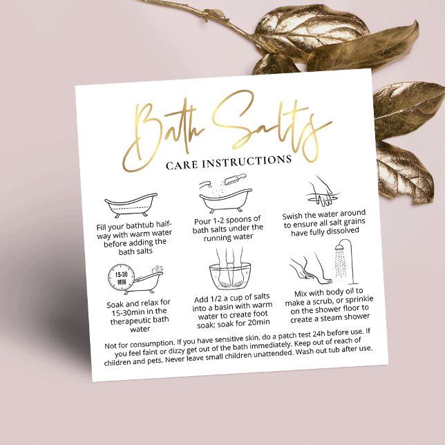 Bath Salts Safety User Guide White & Gold Square Quadratische Visitenkarte (Trendy and chic Bath Salts care instructions cards with icons and gold foil effects)