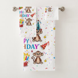 Bath Towel Sets, Happy Birthday Monkey Cupcake Badhandtuch Set
