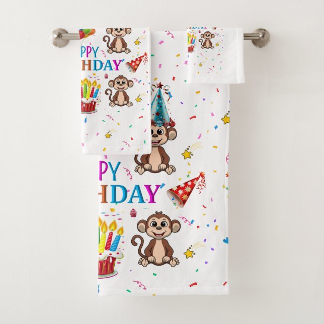 Bath Towel Sets, Happy Birthday Monkey Cupcake Badhandtuch Set (Insitu)