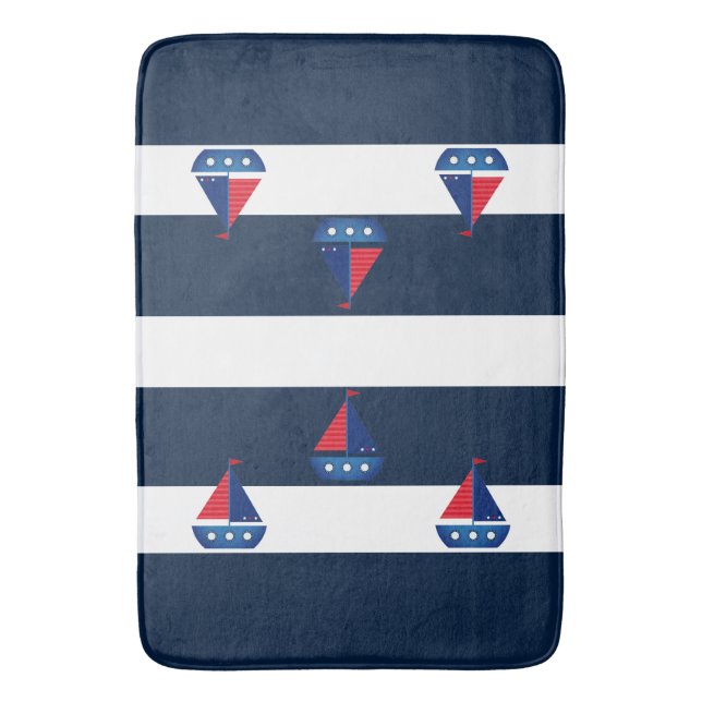 Bathmat - Blue Stripes Segelboot Badematte (Vorderseite Vertikal)