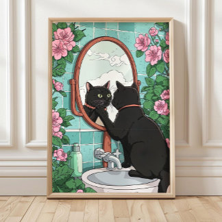 Bathroom Black Cat in Mirror Print, Funny Japanese Poster