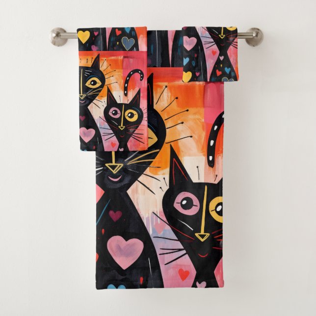 Bathroom Towel Sets Valentine's Day Cat Red Heart (Insitu)