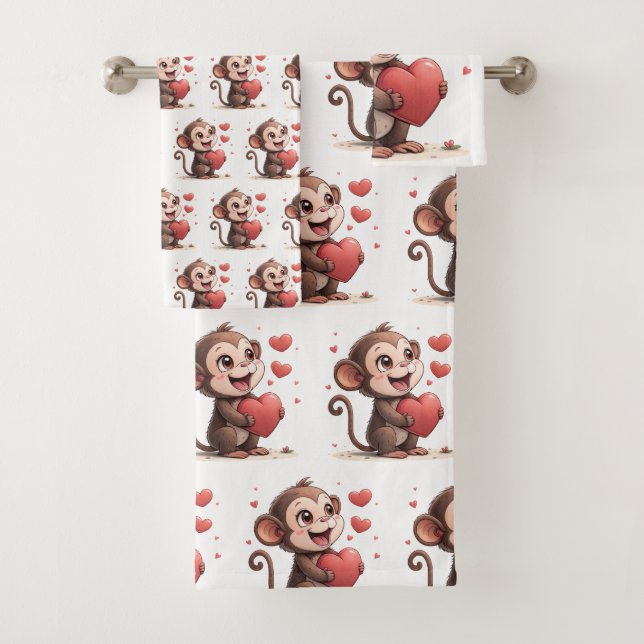 Bathroom Towel Sets Valentine's Monkey Red Heart (Insitu)