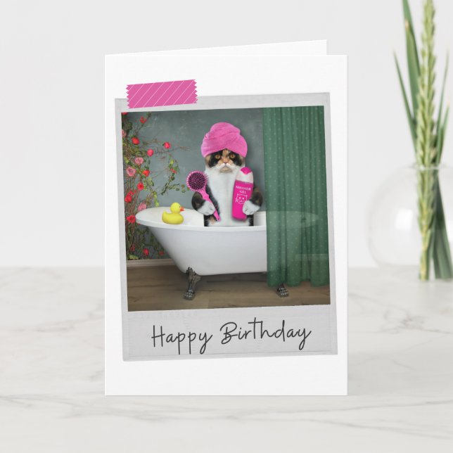 Bathtime Calico Cat Funny Birthday Card Karte (Vorderseite)