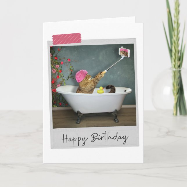 Bathtime Selfie Cat Funny Birthday Card Karte (Vorderseite)