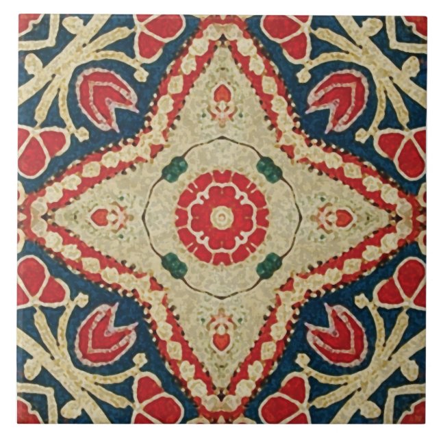 Batik-ähnliche Fliesen, Blumenmuster, Rot, blaue Fliese (Vorderseite)
