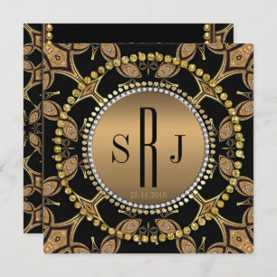 Batik Art Deco Black Gold Monogram Party Einladung