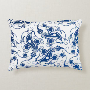 Batik Blau-Weiß illustriertes Blumenmuster Dekokissen