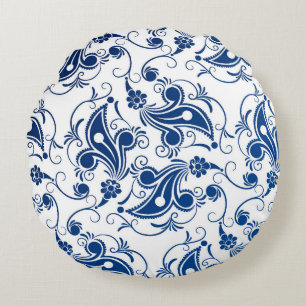 Batik Blau-Weiß illustriertes Blumenmuster Rundes Kissen