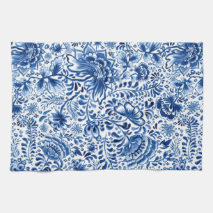 Batik-Blumendesign Blau und Weiß  Geschirrtuch