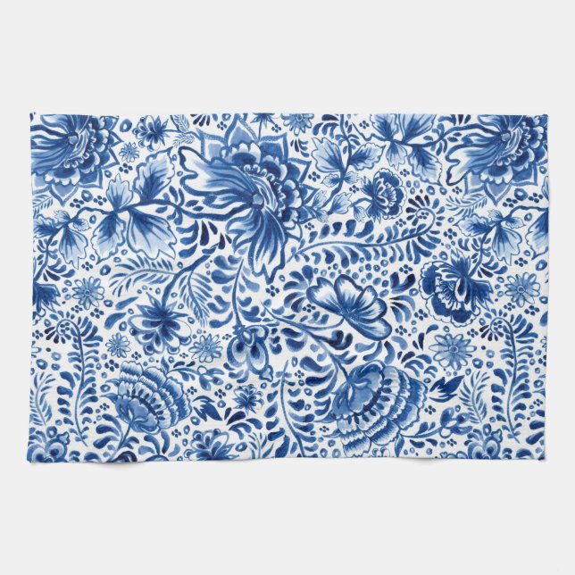 Batik-Blumendesign Blau und Weiß  Geschirrtuch (Horizontal)