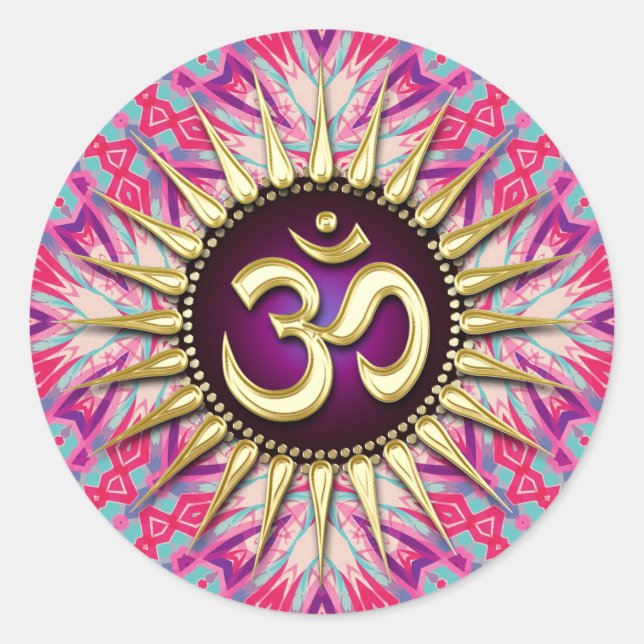 Batik Fuchsia Pink Lila & Sunshine Om Runder Aufkleber (Vorderseite)