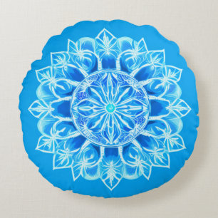 Batik-Mandala-Blume in Türkis Rundes Kissen