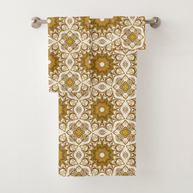 Batik Mandala Muster Mustard Gold und Creme Badhandtuch Set (Insitu)