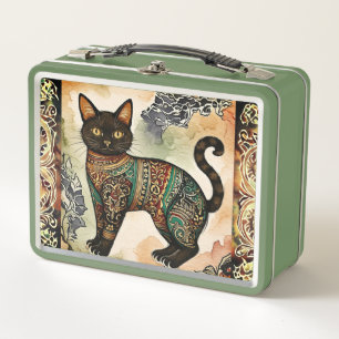 Batik Muster, Schwarze Katze, Vintag, antik Metall Brotdose
