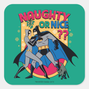 Batman   Frau unter Mistletoe naughty oder Nice Quadratischer Aufkleber