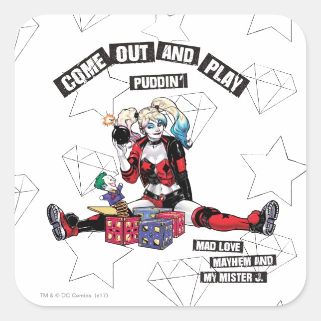 Batman | Harley Quinn "Come out and Play Puddin" Quadratischer Aufkleber (Vorderseite)
