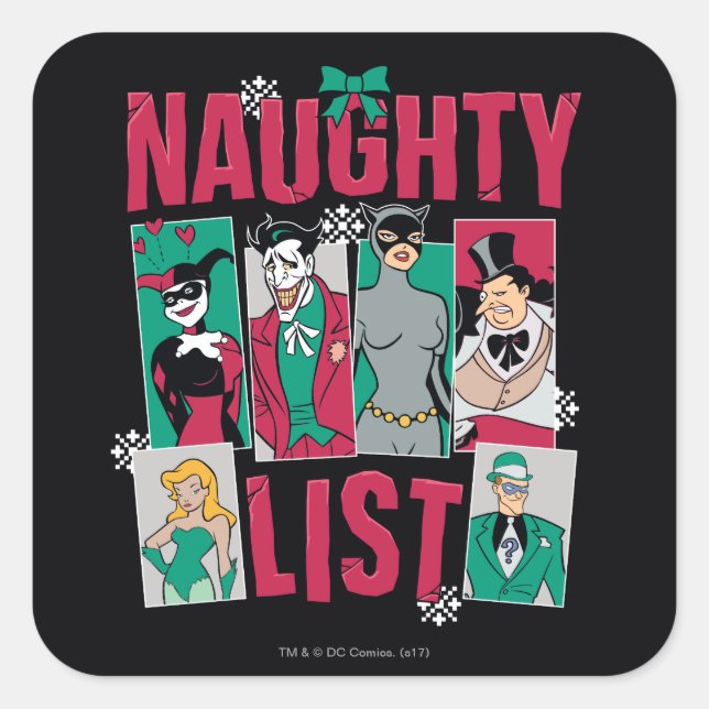 Batman | Santa Naughty List of Villains Quadratischer Aufkleber (Vorderseite)